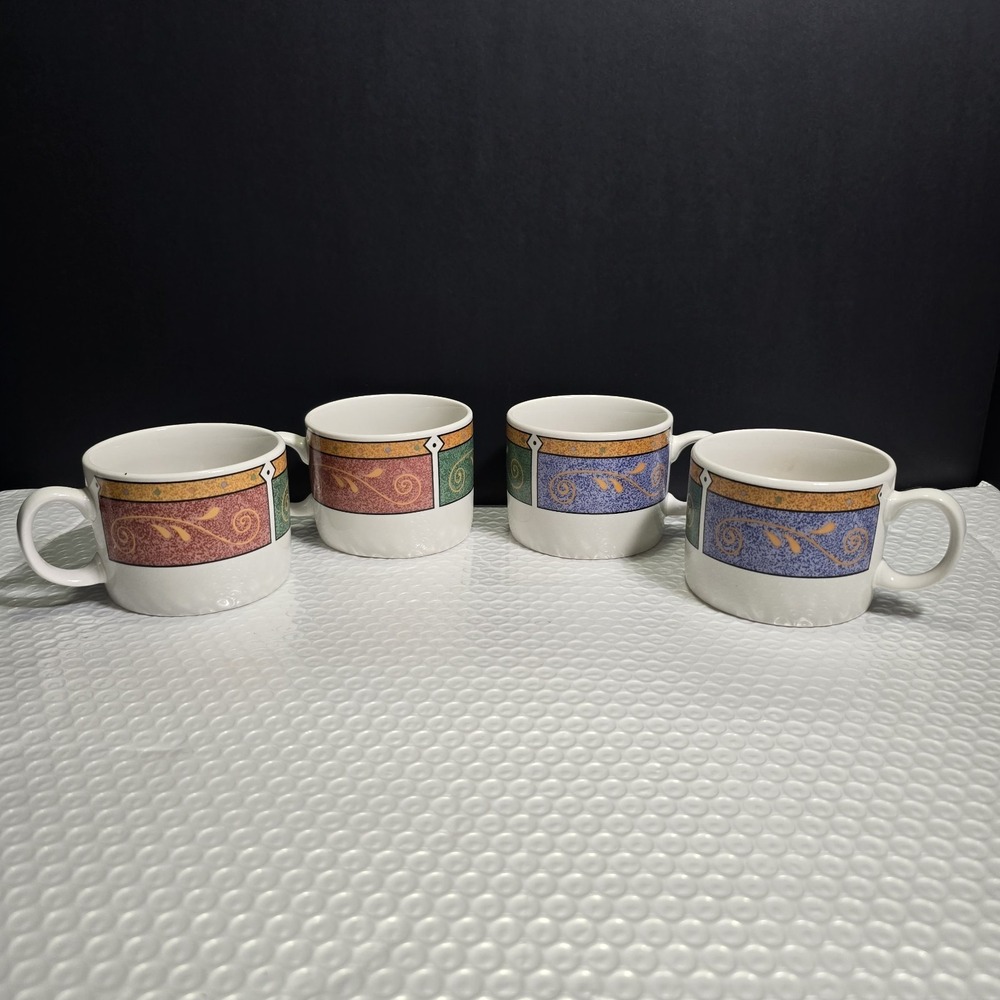 4 VTG Majesticware by Oneida Stoneware Mugs Sue Zipkin 1995 Persia Pattern 8oz